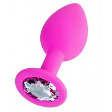 Анальна пробка силіконова рожева з прозорим кристалом на стоппері Loveshop розмір S