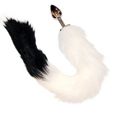 Анальна металева пробка золотистого кольору з лисячим чорно білим хвостом Loveshop розмір S