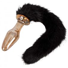 Анальна пробка скляна тілесного кольору із чорним хвостиком You2Toys