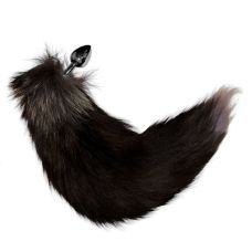 Анальний металевий затор сріблястого кольору з лисячим чорним хвостом Loveshop розмір S