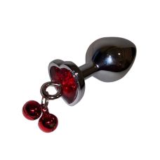 Анальна металева пробка сріблястого кольору з камінчиком у формі серця червоного кольору з дзвіночками та повідцем Loveshop