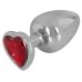 Анальна пробка металева сріблястого кольору з червоним камінчиком у формі серця Foxshow розмір large