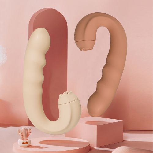 Двойной вибратор с клиторальным стимулятором-язычком с вакуумной стимуляцией бежевый Sweet Em