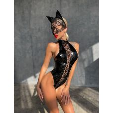 Костюм кішечки з мереживною маскою для рольових латексний ігор чорного кольору Devil Boutique розмір L