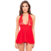 Пеньюар с глубоким декольте и открытой спиной со Стрингами красного цвета Rene Rofe Lingerie 2pc Lace & Mesh Halter Babydoll & G String Set Red размер S
