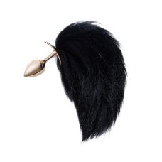 Анальная пробка золотистого цвета с черным хвостиком лисы Romfun Fox Tail 