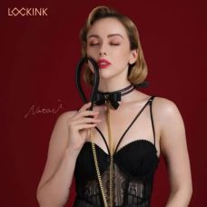 Ошейник с бантиком и поводком БДСМ из натуральной кожи черного цвета Lockink Sevanda
