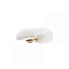 Анальная пробка металлическая золотистая с белым пушистым хвостиком EasyToys S размера