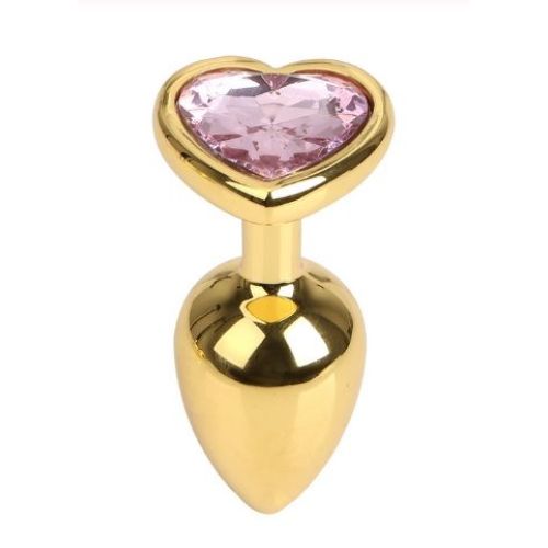 Анальная пробка золотистого цвета с розовым кристаллом в виде сердца Gold S
