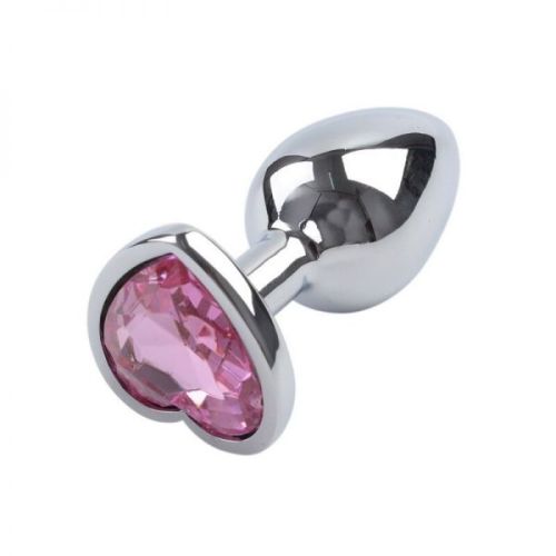 Анальная пробка серебряного цвета с розовым камнем в виде сердца M