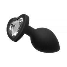 Анальна пробка чорна з прозорим кристалом Black Silicone Heart Diamond M