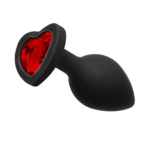 Анальная пробка силиконовая черная с красным камнем в виде сердца Loveshop размер M