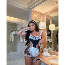 Сексуальний костюм французької покоївки для рольових ігор з мереживними елементами біло чорного кольору Leg Avenue 4 предмети розміри M L