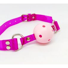 Кляп в рот неоновый БДСМ с розовым шариком на малиновом ремешке DS Fetish