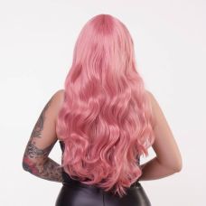Перука з чубчиком з довгим кучерявим волоссям рожевого кольору Fetish Hair довжина 600 мм.