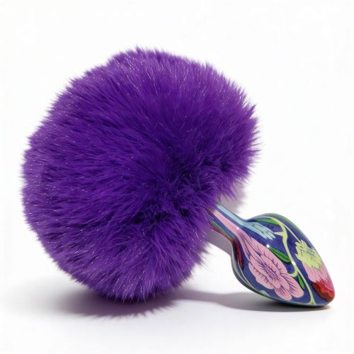 Анальная пробка металлическая синяя с узором с фиолетовым пушком ALUME размер S