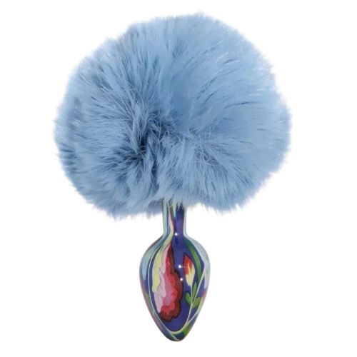 Анальная пробка металлическая синяя с узором с голубым пушком ALUME размер S