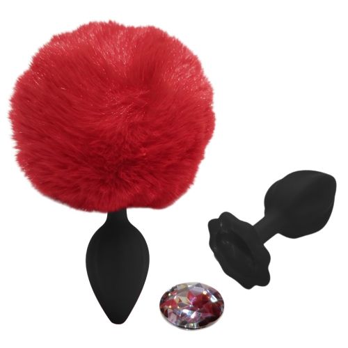 Анальная пробка рельефная черная с красным пушком и сменным прозрачным камнем ALUME размер S 