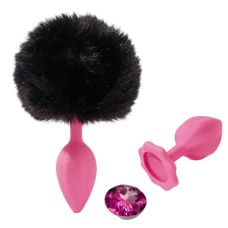 Анальная пробка рельефная розовая с черным пушком и сменным розовым камнем ALUME размер S 
