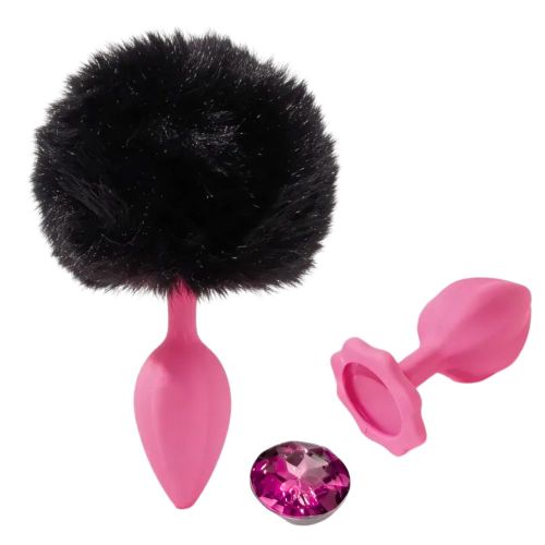 Анальна пробка рельєфна рожева з чорним гарматою та змінним рожевим каменем ALUME розмір S