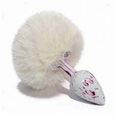 Анальная пробка металлическая белая с узором с белым пушком ALUME размер S