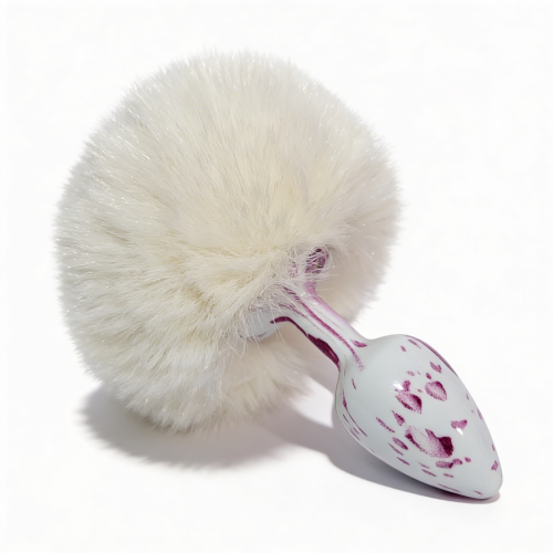 Анальная пробка металлическая белая с узором с белым пушком ALUME размер S