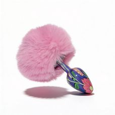 Анальная пробка металлическая синяя с узором с розовым пушком ALUME размер S
