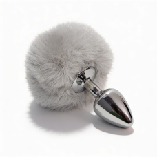 Анальная пробка металлическая серебристая с серым пушком ALUME размер S