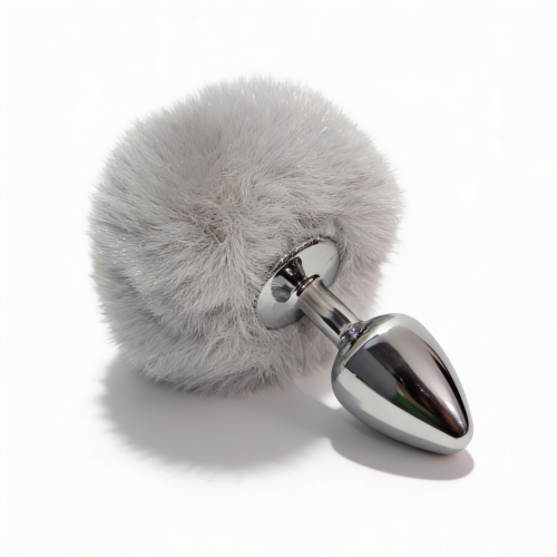 Анальная пробка металлическая серебристая с серым пушком ALUME размер S