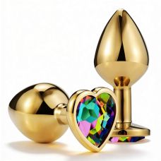 Анальная пробка металлическая золотистая с разноцветным камнем в форме сердца ALUME размер M