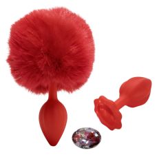 Анальная пробка рельефная красная с красным пушком и сменным прозрачным камнем ALUME размер S 