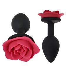 Анальная пробка силиконовая черная с красной розой ALUME размер S