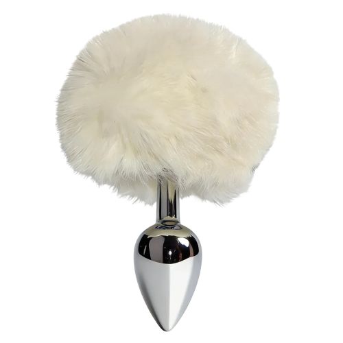 Анальная пробка металлическая серебристая с белым пушком ALUME размер S