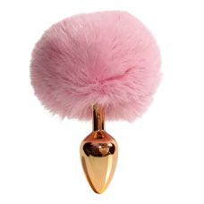 Анальная пробка металлическая золотистая с розовым пушком ALUME размер S