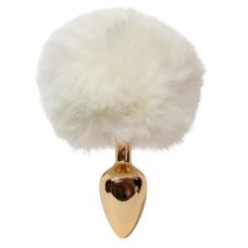 Анальная пробка металлическая золотистая с белым пушком ALUME размер S