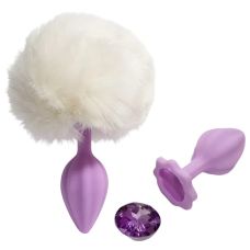 Анальная пробка рельефная лиловая с белым пушком и сменным сиреневым камнем ALUME размер S 
