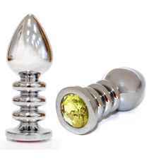 Втулка металлическая рифленая серебристая с желтым камнем Anal Jewelry Plugs L 100 мм D 38 мм