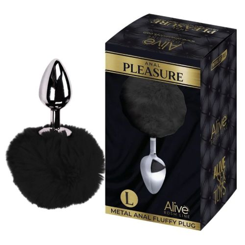 Анальна пробка срібляста із чорним хвостиком Alive Anal Pleasure розмір L