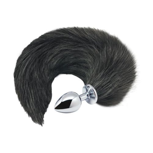 Анальна пробка металева срібляста лисий чорний хвіст Alive розмір L