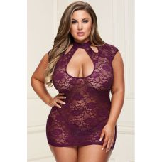 Кружевное мини платье с глубоким декольте и высокой шеей фиолетового цвета Baci размеры L XL