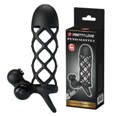 Насадка для пениса с вибрацией ребристая черная Pretty Love Penis Sleeve I
