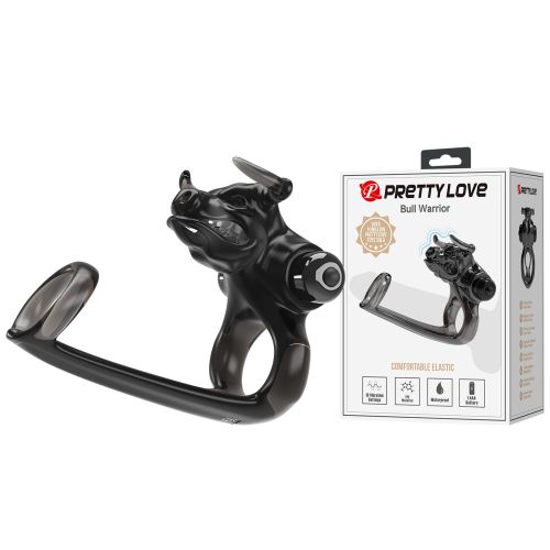 Ерекційне віброкільце на член із кліторальною стимуляцією у вигляді голови бика чорне Lybaile Pretty Love Bull Warior