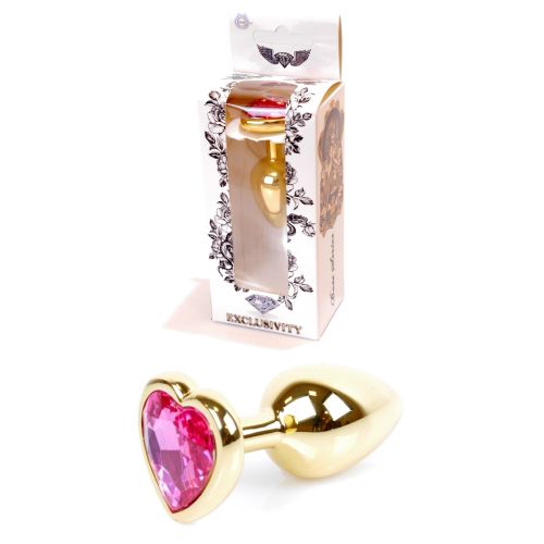 Анальная пробка S золотистого цвета с кристаллом в виде сердца розового цвета BOSS of TOYS Jewellery plug  