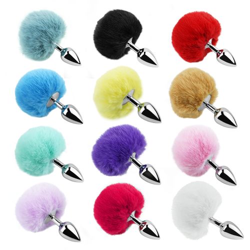 Анальная пробка серебристая медицинская нержавеющая сталь с фиолетовым хвостом EGZO Bunny Tail Plug размер S