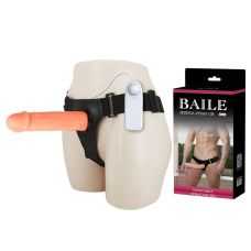 Страпон чоловічий ремінний порожнистий з вібрацією тілесного кольору з пультом ДК Lybaile