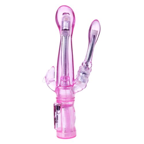 Универсальный вибратор с клиторальным и анальным отростками розового цвета LYBAILE Baile intimate tease