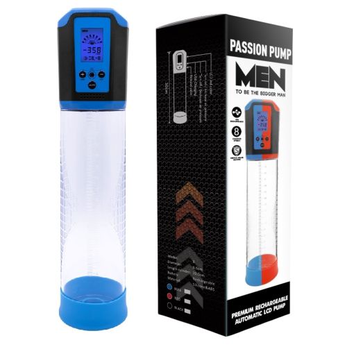 Автоматическая вакуумная помпа с зарядкой от USB и LCD дисплеем сине прозрачного цвета CANWIN Passion Pump Men Blue P648AU