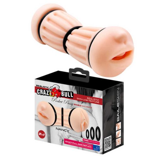 Двосторонній мастурбатор з кільцями вагіна рот тілесного кольору Crazy Bull