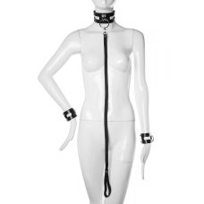 Ошейник с поводком и наручниками натуральная кожа черные Candy Hero Fet25 размеры XS-M