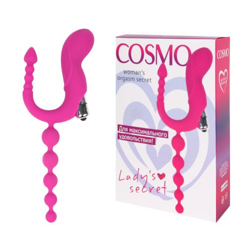 Универсальный вагинальный вибратор со стимуляцией ануса и анальной цепочкой COSMO розовый